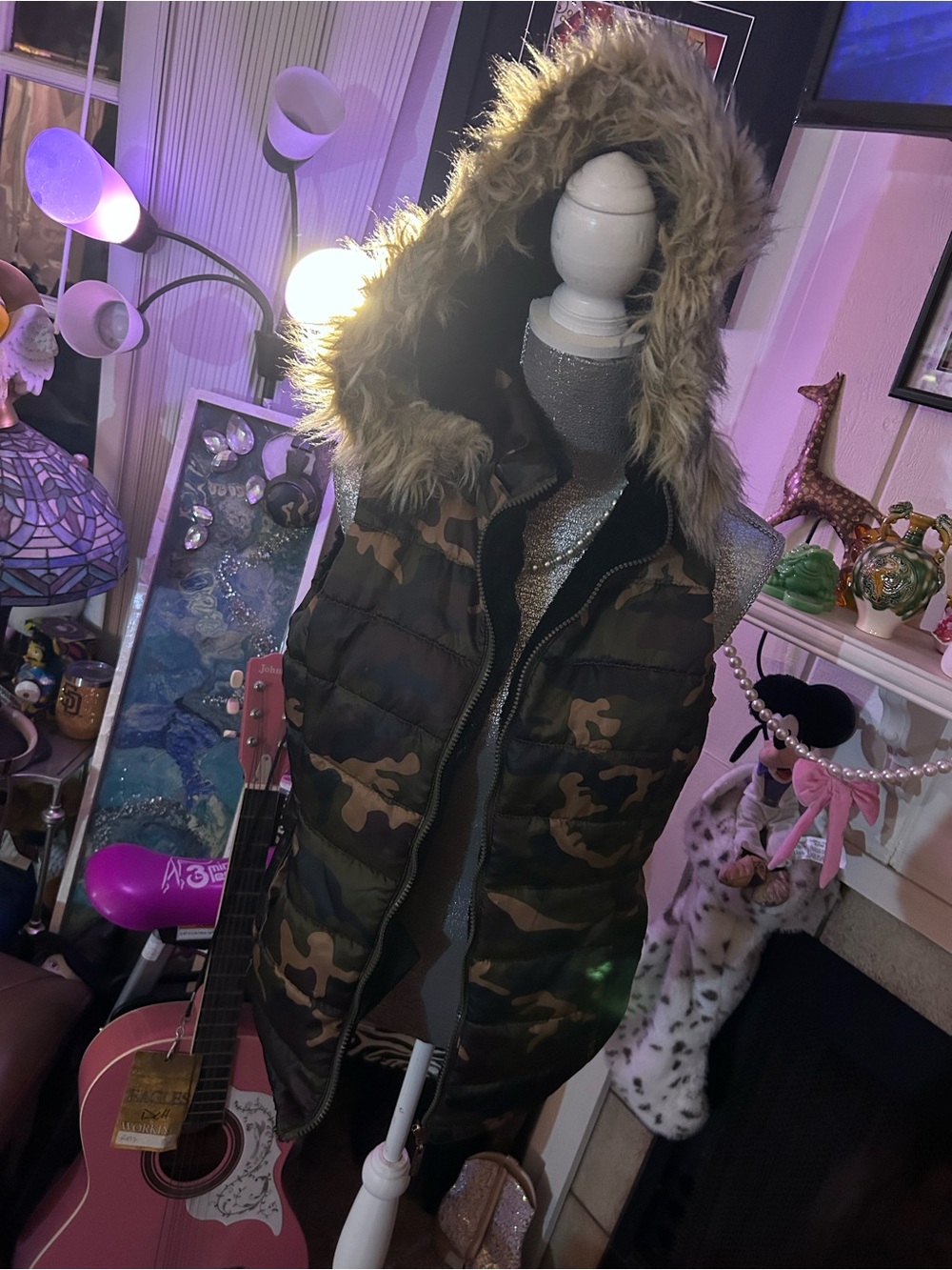 Girls' Camo Puffer Vest with Faux-Fur Hood - Camouflage